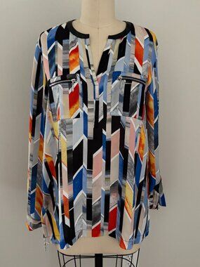 Rafaella Studio Multicolored Abstract Print Tunic Top Roll-Tab Sleeves Artsy M